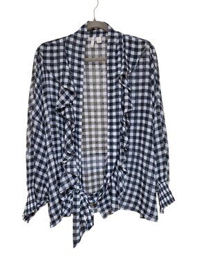 Cato Women's Black White Gingham Swiss Dot Oversized Sheer Ruffle Tie Hem Top XL